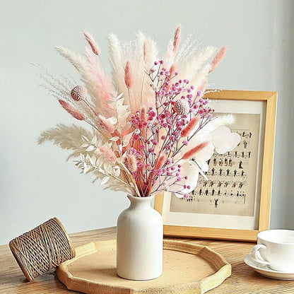 17 Inch Pink Dried Flower Bouquet, Pampas Grass, Bunny Tails, Natural Baby's Breath for Boho Wedding Centerpieces, Home Table Decor (Blush Meadow)