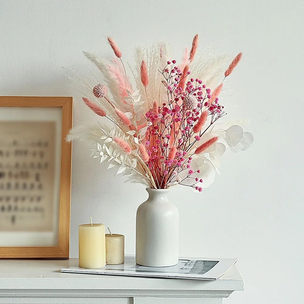 17 Inch Pink Dried Flower Bouquet, Pampas Grass, Bunny Tails, Natural Baby's Breath for Boho Wedding Centerpieces, Home Table Decor (Blush Meadow)