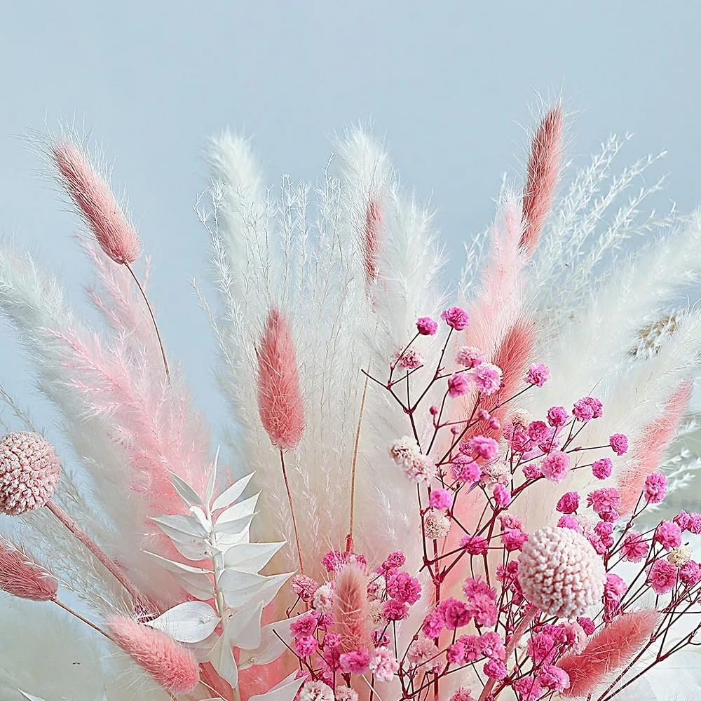 17 Inch Pink Dried Flower Bouquet, Pampas Grass, Bunny Tails, Natural Baby's Breath for Boho Wedding Centerpieces, Home Table Decor (Blush Meadow)