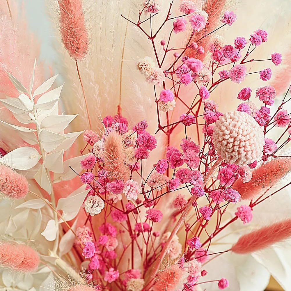 17 Inch Pink Dried Flower Bouquet, Pampas Grass, Bunny Tails, Natural Baby's Breath for Boho Wedding Centerpieces, Home Table Decor (Blush Meadow)