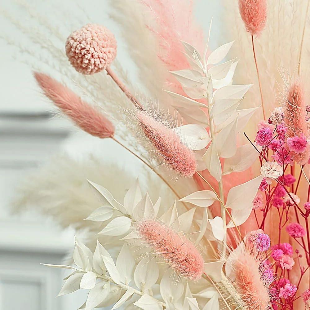 17 Inch Pink Dried Flower Bouquet, Pampas Grass, Bunny Tails, Natural Baby's Breath for Boho Wedding Centerpieces, Home Table Decor (Blush Meadow)