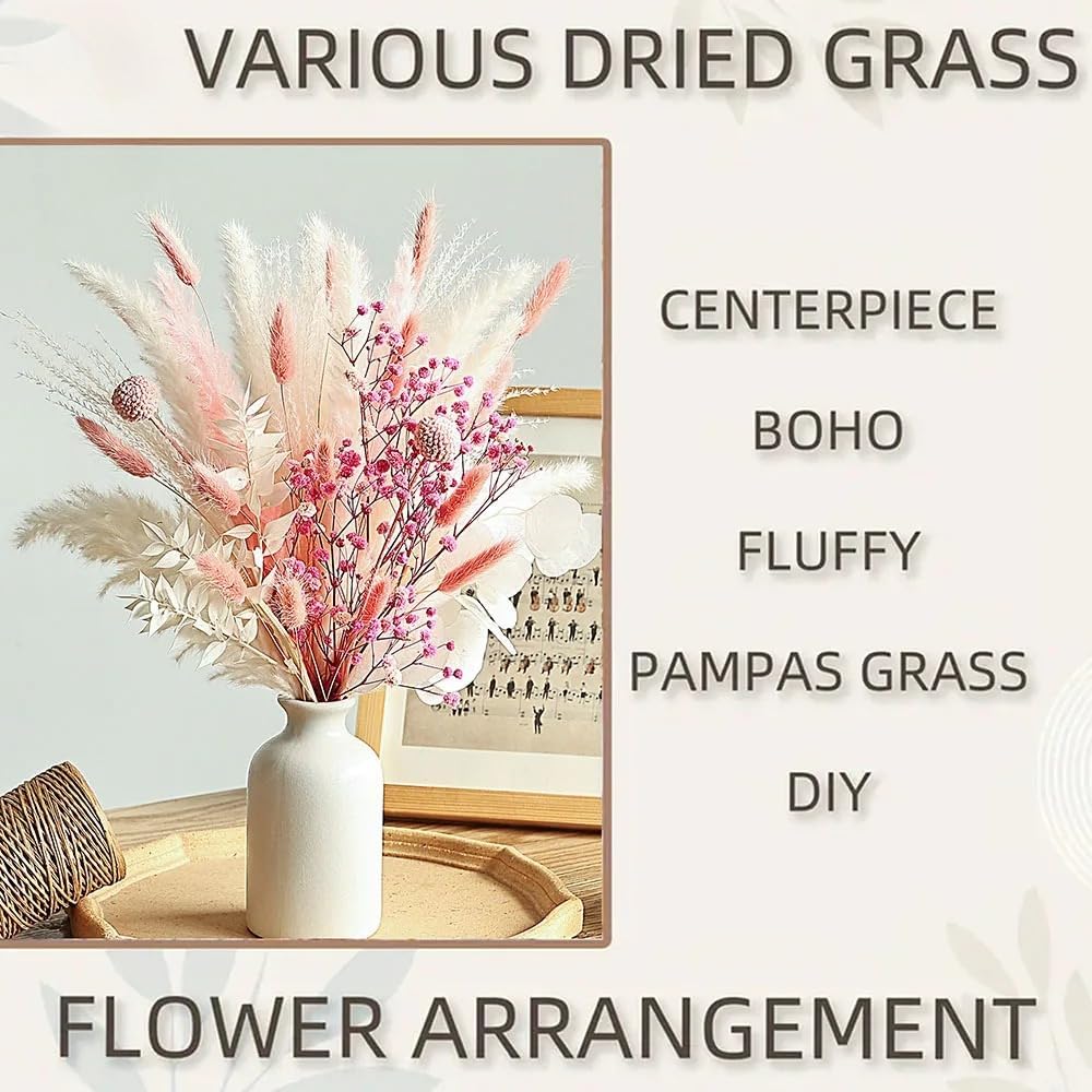 17 Inch Pink Dried Flower Bouquet, Pampas Grass, Bunny Tails, Natural Baby's Breath for Boho Wedding Centerpieces, Home Table Decor (Blush Meadow)