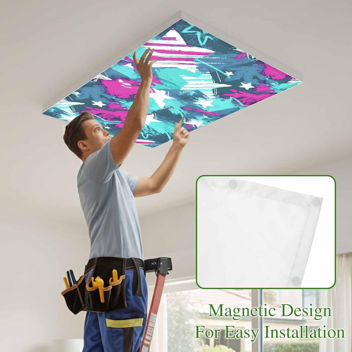 Abstract White Star 4 Pack Fluorescent Light Cover for Ceiling 4 x 2 Ft Pink Green Ink Splatter Graffiti Modern Classroom Light Covers with 10 Magnets for School Home Office Decor