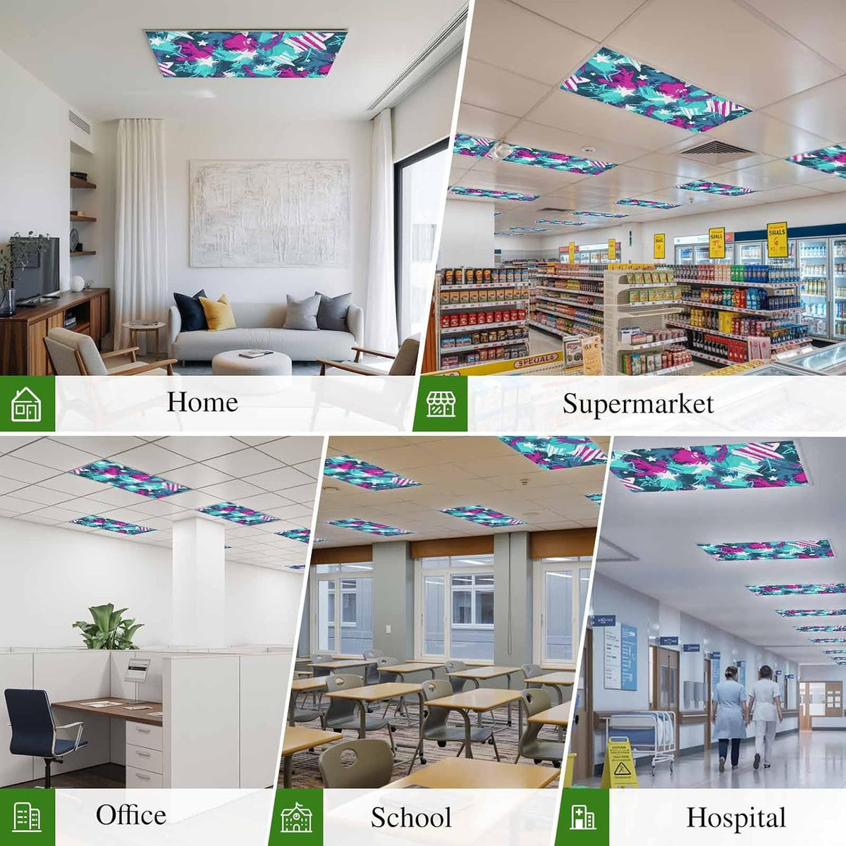 Abstract White Star 4 Pack Fluorescent Light Cover for Ceiling 4 x 2 Ft Pink Green Ink Splatter Graffiti Modern Classroom Light Covers with 10 Magnets for School Home Office Decor