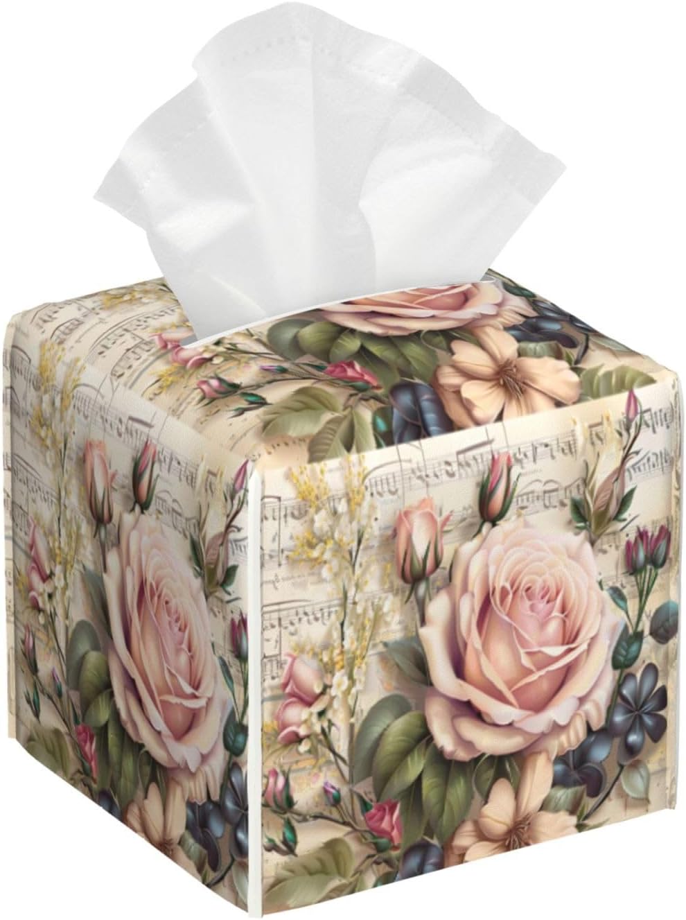 Shabby Chic Pink Blooming Romantic Roses Tissue Box Cover Vintage Natural Flower Bouquet Pu Leather Tissue Holder Facial Paper Organizer Dispenser for Home Bedroom Dresser Night Stand Office Desk Car