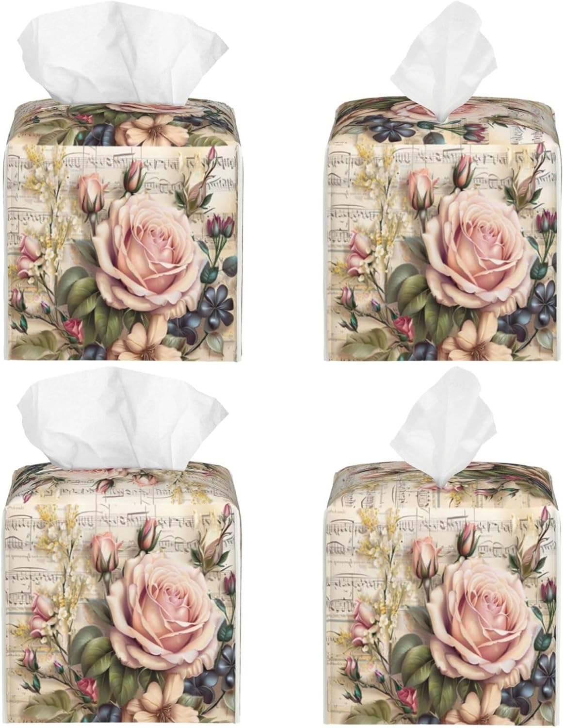 Shabby Chic Pink Blooming Romantic Roses Tissue Box Cover Vintage Natural Flower Bouquet Pu Leather Tissue Holder Facial Paper Organizer Dispenser for Home Bedroom Dresser Night Stand Office Desk Car