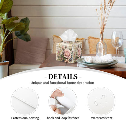 Shabby Chic Pink Blooming Romantic Roses Tissue Box Cover Vintage Natural Flower Bouquet Pu Leather Tissue Holder Facial Paper Organizer Dispenser for Home Bedroom Dresser Night Stand Office Desk Car