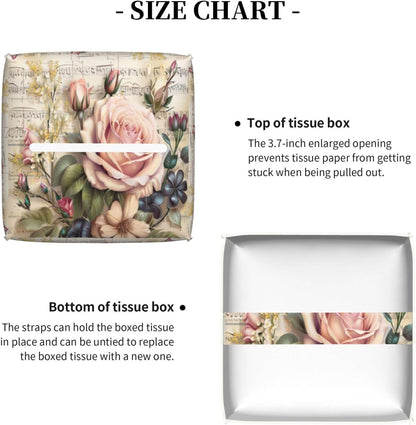 Shabby Chic Pink Blooming Romantic Roses Tissue Box Cover Vintage Natural Flower Bouquet Pu Leather Tissue Holder Facial Paper Organizer Dispenser for Home Bedroom Dresser Night Stand Office Desk Car