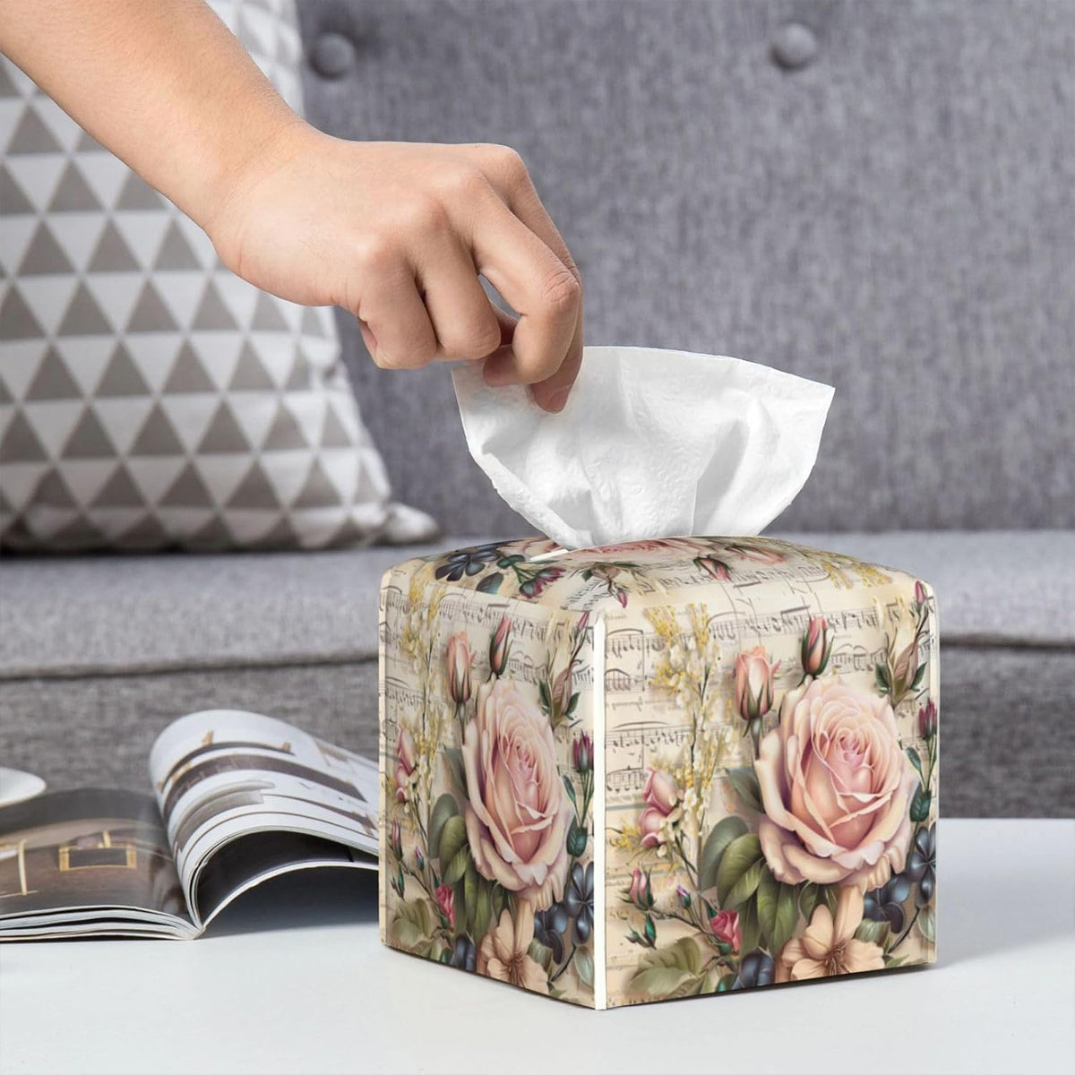 Shabby Chic Pink Blooming Romantic Roses Tissue Box Cover Vintage Natural Flower Bouquet Pu Leather Tissue Holder Facial Paper Organizer Dispenser for Home Bedroom Dresser Night Stand Office Desk Car