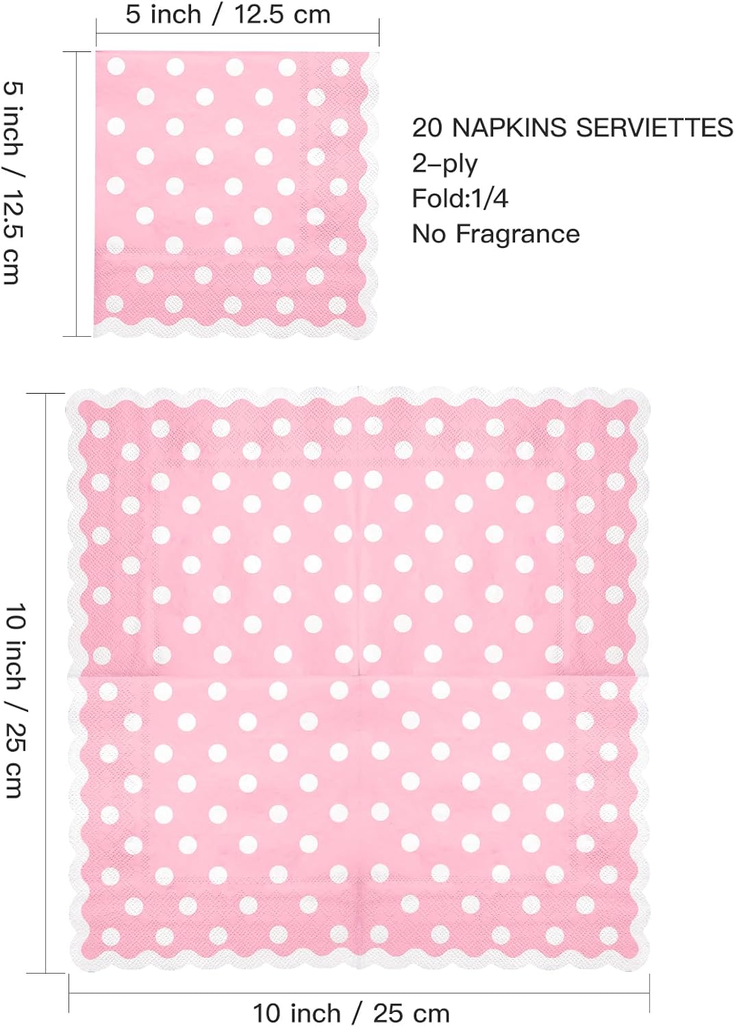 WRAPAHOLIC 20Pcs Pink Polka Dot Cocktail Napkins - Pink Polka Dot Scalloped Edges Paper Napkins for Bridal and Baby Shower, Tea Party, Garden Party, Birthday Party - 5 x 5 In