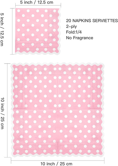 WRAPAHOLIC 20Pcs Pink Polka Dot Cocktail Napkins - Pink Polka Dot Scalloped Edges Paper Napkins for Bridal and Baby Shower, Tea Party, Garden Party, Birthday Party - 5 x 5 In