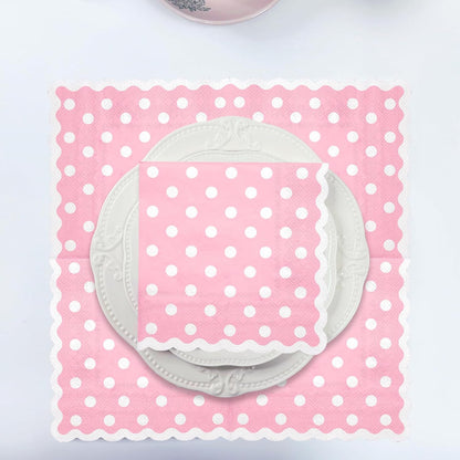WRAPAHOLIC 20Pcs Pink Polka Dot Cocktail Napkins - Pink Polka Dot Scalloped Edges Paper Napkins for Bridal and Baby Shower, Tea Party, Garden Party, Birthday Party - 5 x 5 In