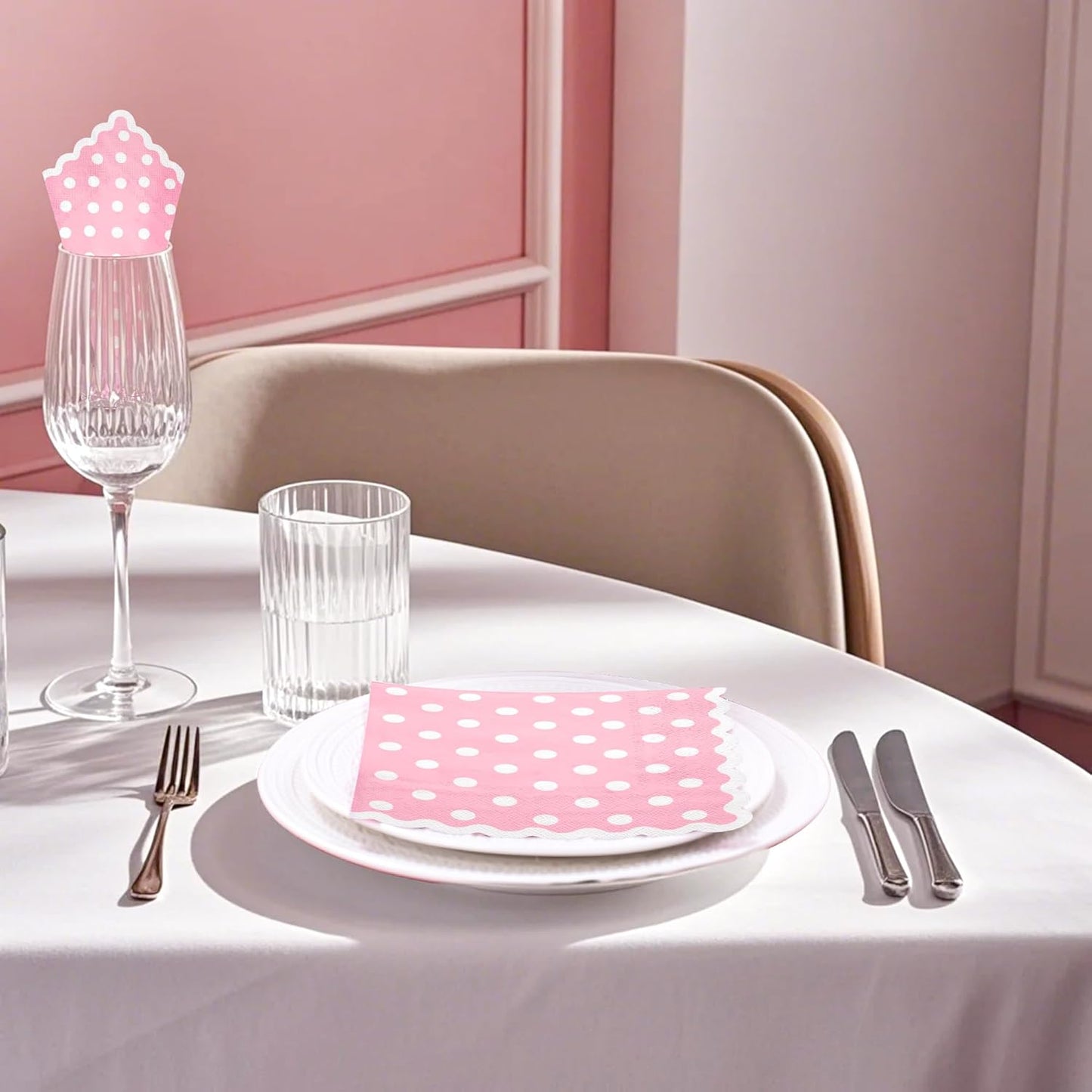 WRAPAHOLIC 20Pcs Pink Polka Dot Cocktail Napkins - Pink Polka Dot Scalloped Edges Paper Napkins for Bridal and Baby Shower, Tea Party, Garden Party, Birthday Party - 5 x 5 In