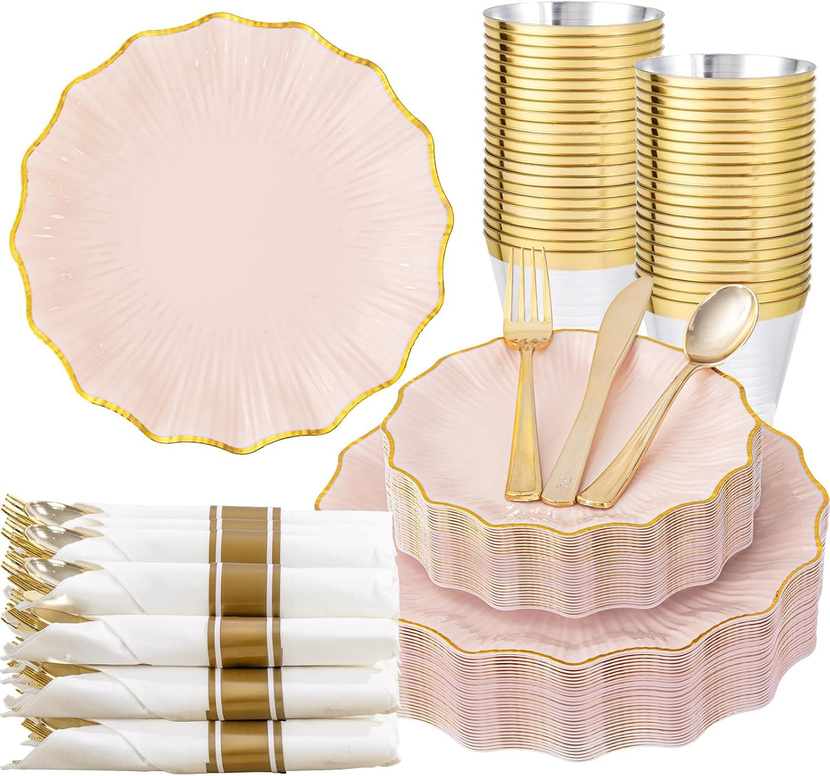 175PCS Pink Gold Plastic Plates - Disposable Dinnerware Set
