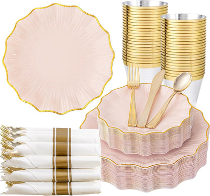 175PCS Pink Gold Plastic Plates - Disposable Dinnerware Set