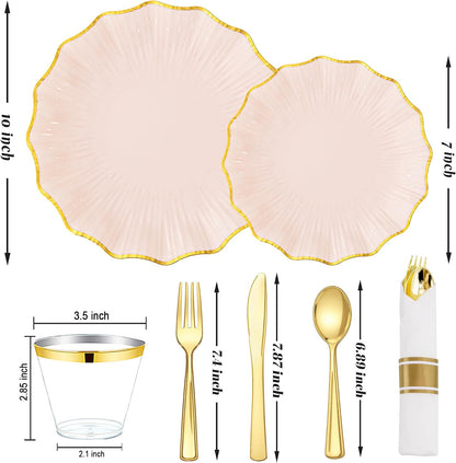 175PCS Pink Gold Plastic Plates - Disposable Dinnerware Set