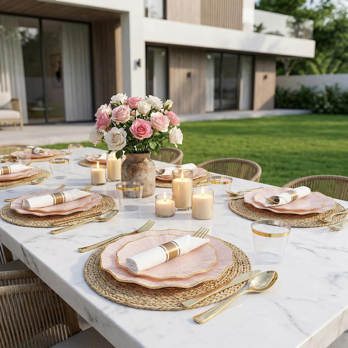 175PCS Pink Gold Plastic Plates - Disposable Dinnerware Set