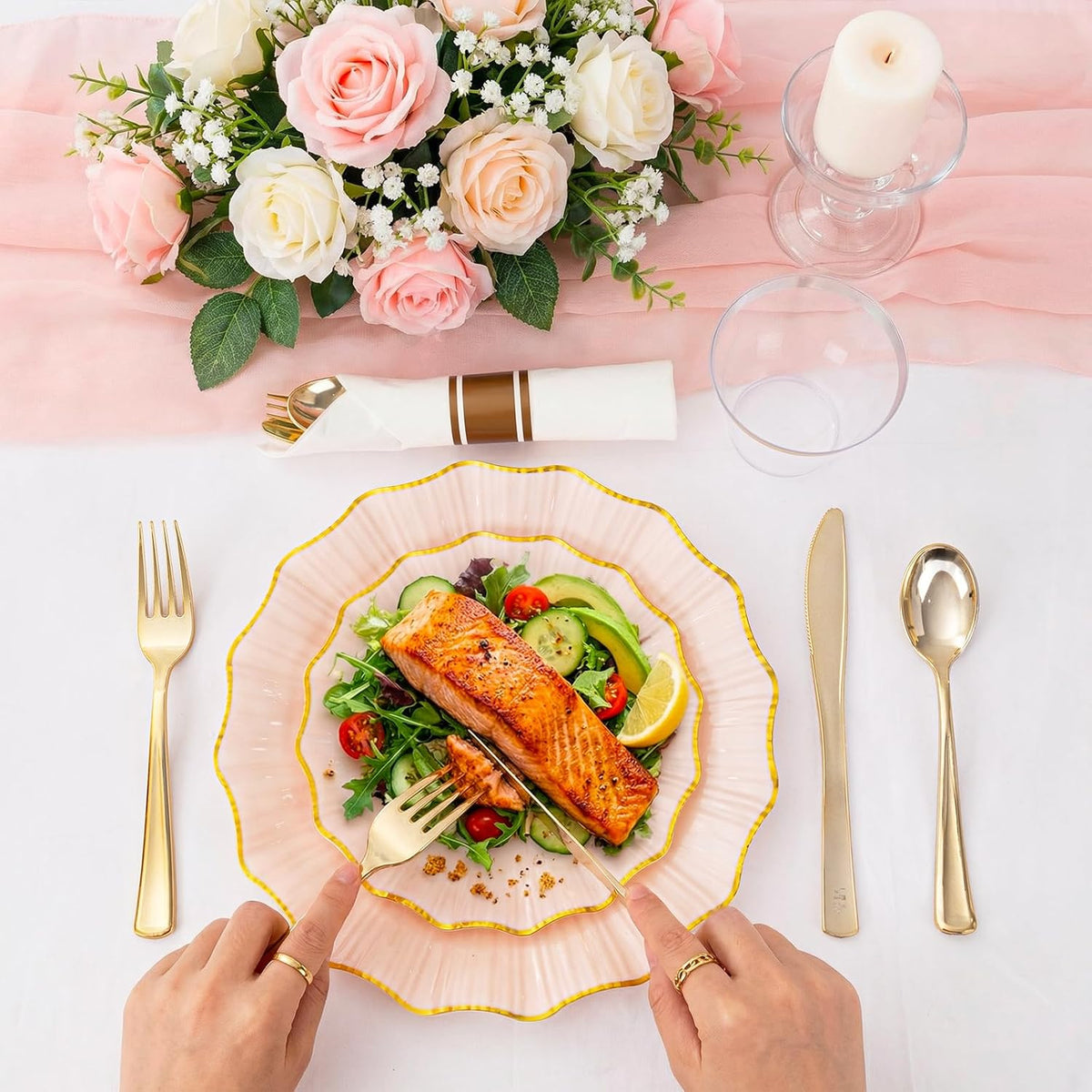175PCS Pink Gold Plastic Plates - Disposable Dinnerware Set