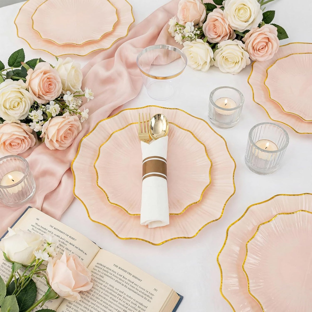 175PCS Pink Gold Plastic Plates - Disposable Dinnerware Set