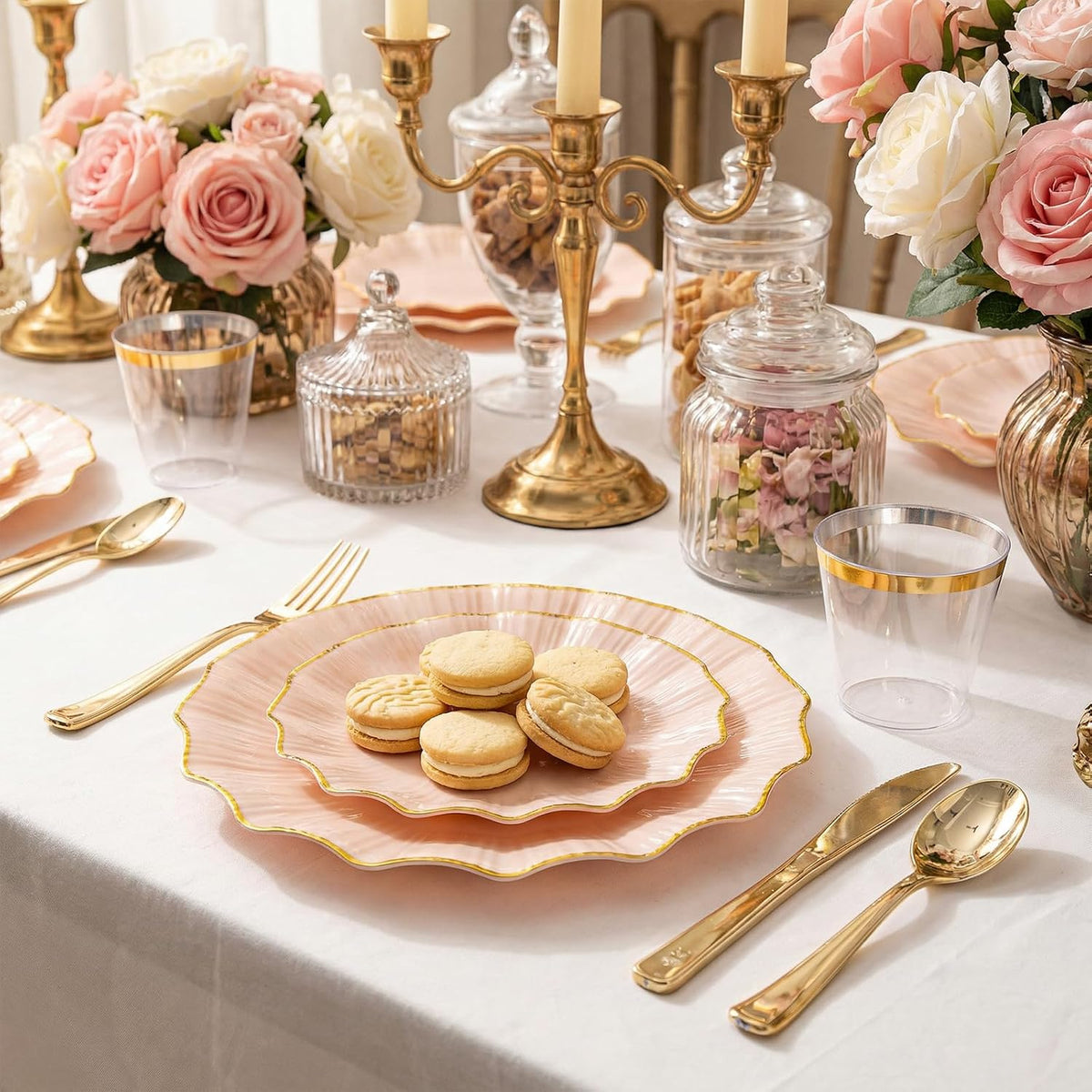 175PCS Pink Gold Plastic Plates - Disposable Dinnerware Set