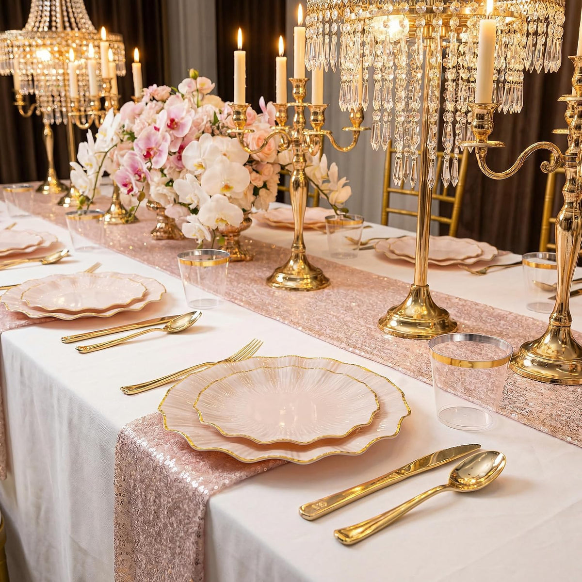 175PCS Pink Gold Plastic Plates - Disposable Dinnerware Set