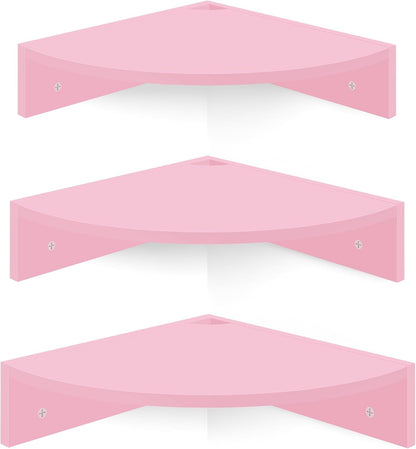 Corner Shelf Wall Mount, Set of 3 Corner Floating Shelves with Cable Hole, 3 Tier Wood Corner Hanging Shelves, Living Room Bedroom Bathroom, Pink