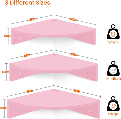 Corner Shelf Wall Mount, Set of 3 Corner Floating Shelves with Cable Hole, 3 Tier Wood Corner Hanging Shelves, Living Room Bedroom Bathroom, Pink