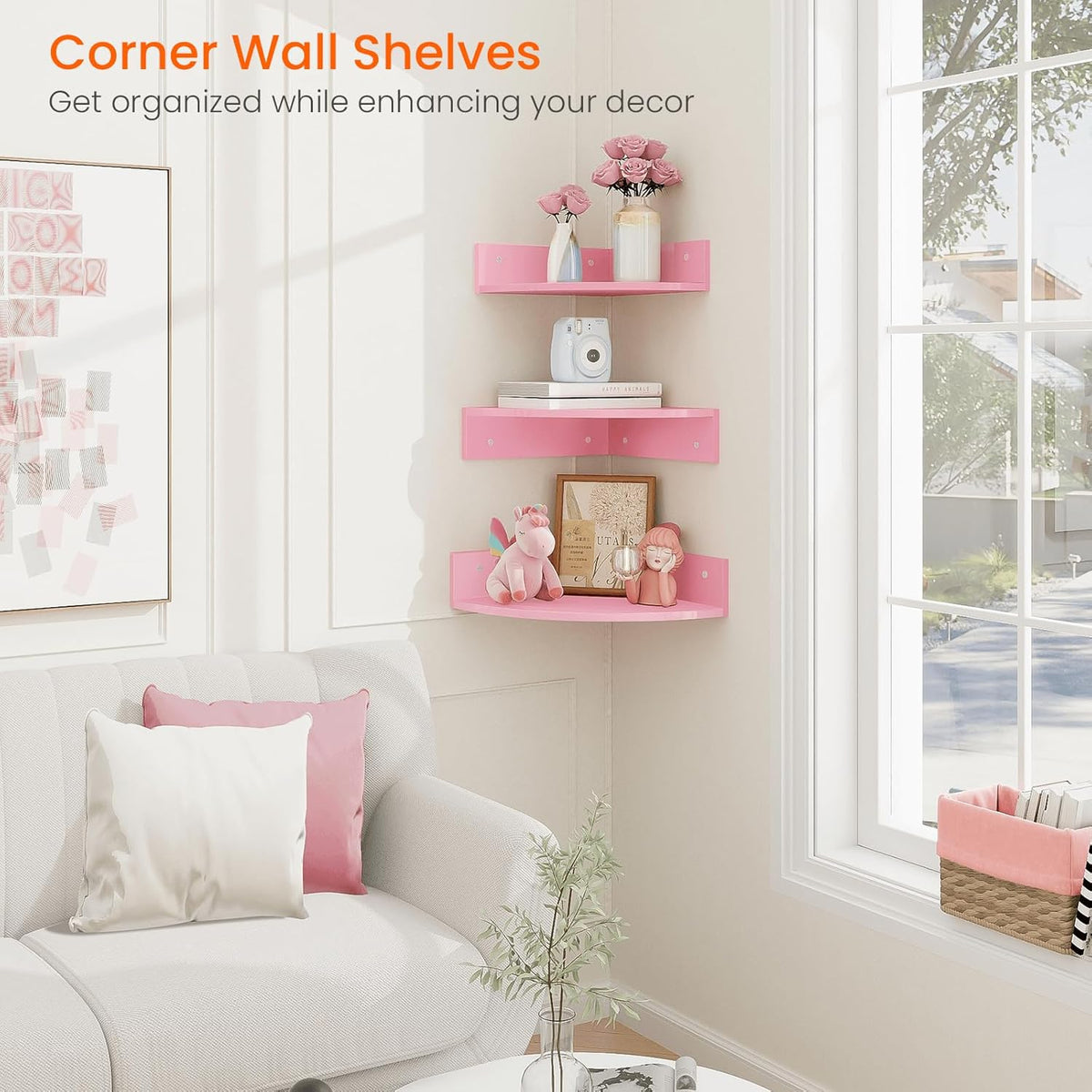 Corner Shelf Wall Mount, Set of 3 Corner Floating Shelves with Cable Hole, 3 Tier Wood Corner Hanging Shelves, Living Room Bedroom Bathroom, Pink