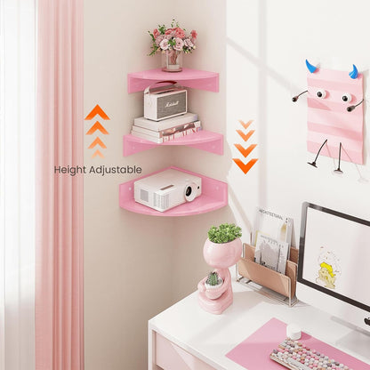 Corner Shelf Wall Mount, Set of 3 Corner Floating Shelves with Cable Hole, 3 Tier Wood Corner Hanging Shelves, Living Room Bedroom Bathroom, Pink