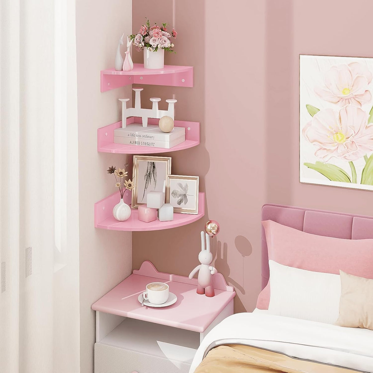Corner Shelf Wall Mount, Set of 3 Corner Floating Shelves with Cable Hole, 3 Tier Wood Corner Hanging Shelves, Living Room Bedroom Bathroom, Pink