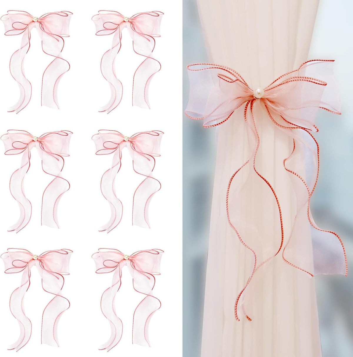 White Lace Bow Curtain Tiebacks 6-Pack, Vine Floral Curtain Holdbacks