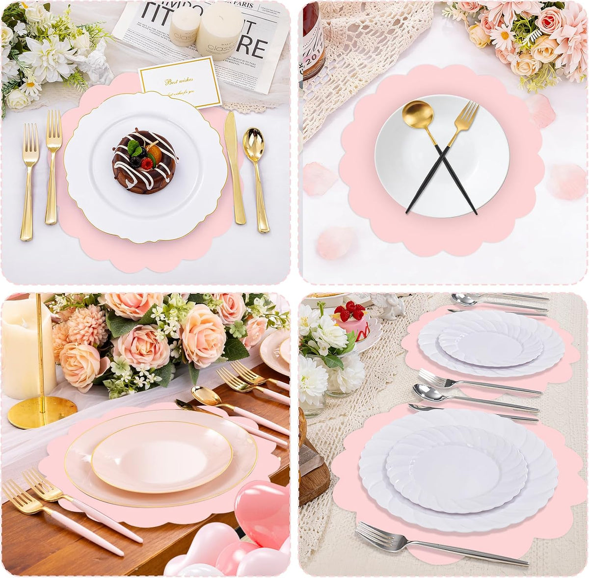 80 Pcs Pink Paper Placemats, 13.5 Inch Scalloped Table Mats | Pink Charger Paper Placemats, Protects Tables from Spills, Decorative Placemats for Girls Birthday Wedding Baby Shower Bridal Tea Party
