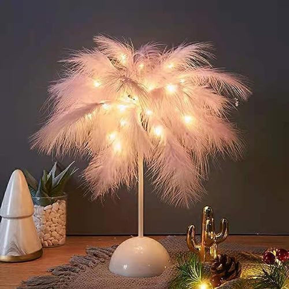 White/Pink Feather Lamp, Feather Table Lamp Bedroom Bedside Table Lamp Feather for LAMPSHADE Desk Lights for Teenage Home Bedroom Decor Fashion(Pink)