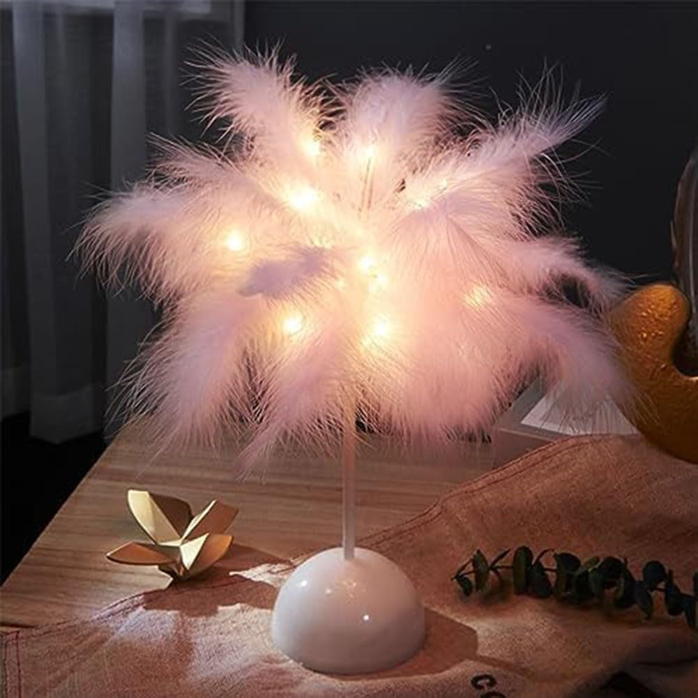 White/Pink Feather Lamp, Feather Table Lamp Bedroom Bedside Table Lamp Feather for LAMPSHADE Desk Lights for Teenage Home Bedroom Decor Fashion(Pink)