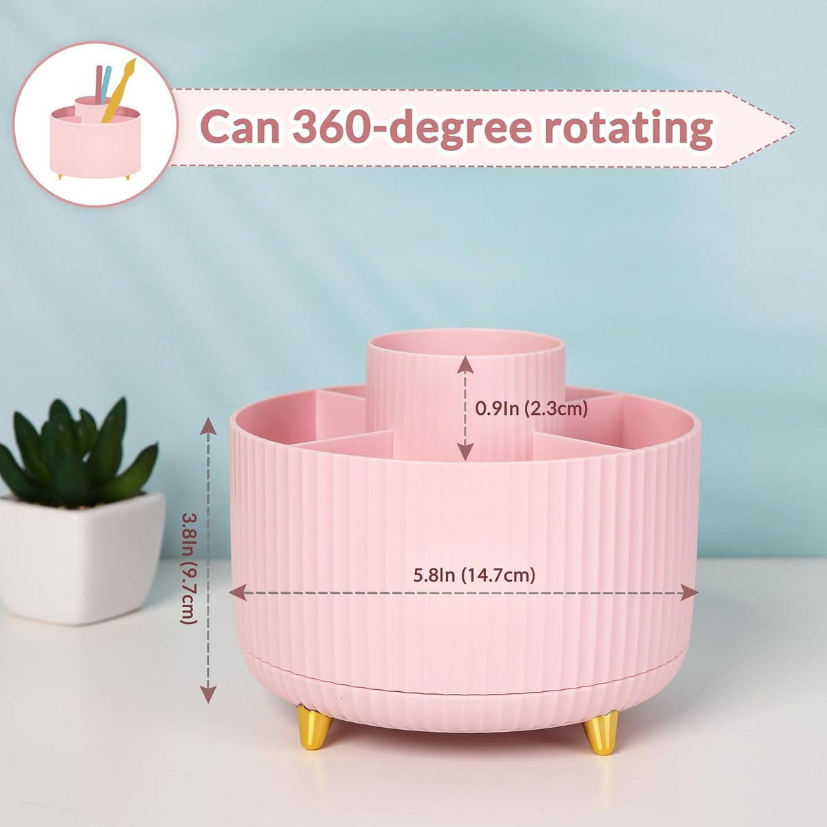 360 Rotating Multipurpose Organizer - Cute Rotating Pen Holder with 5 Slots for Art Supplies, Office, School, Home