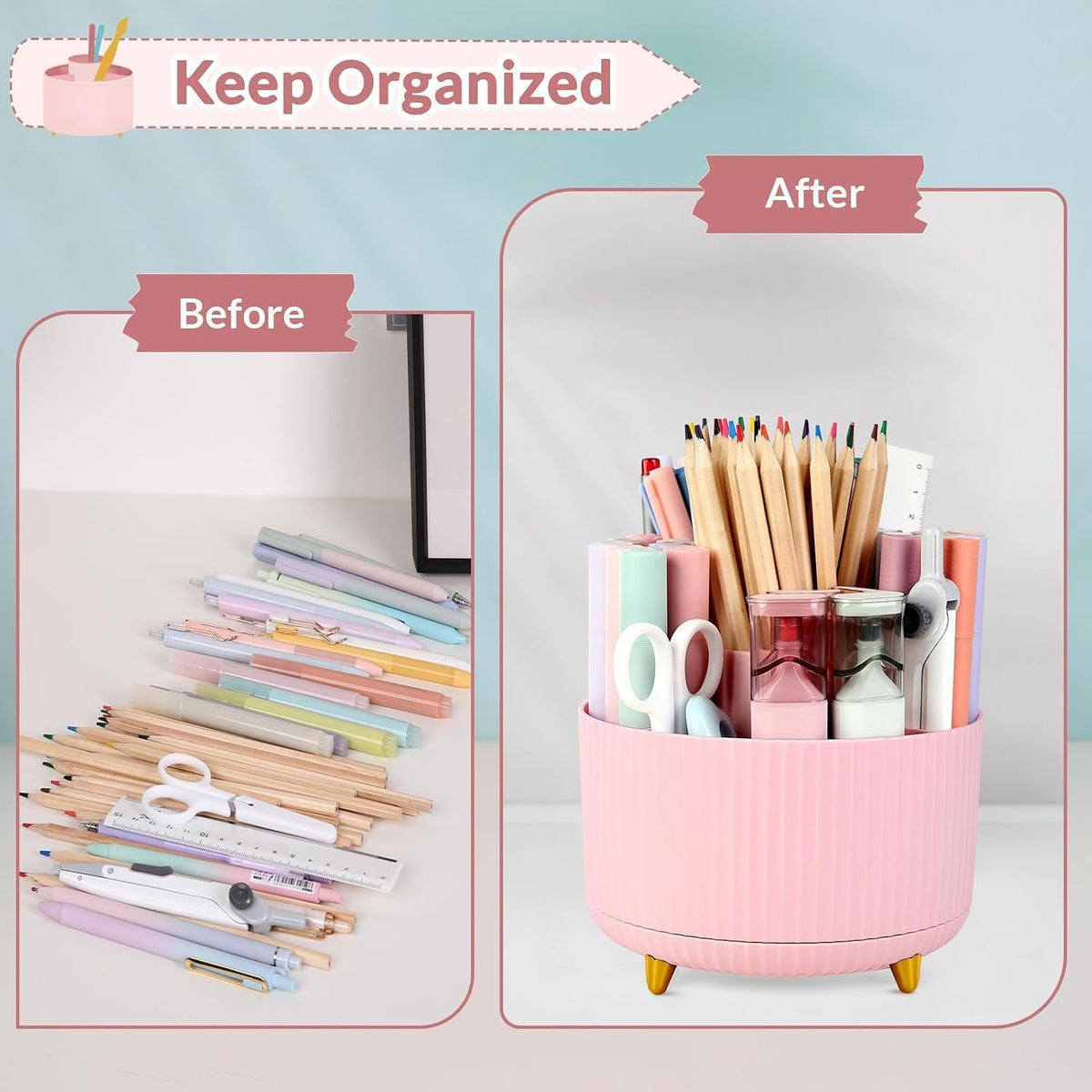 360 Rotating Multipurpose Organizer - Cute Rotating Pen Holder with 5 Slots for Art Supplies, Office, School, Home