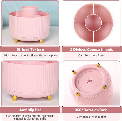 360 Rotating Multipurpose Organizer - Cute Rotating Pen Holder with 5 Slots for Art Supplies, Office, School, Home