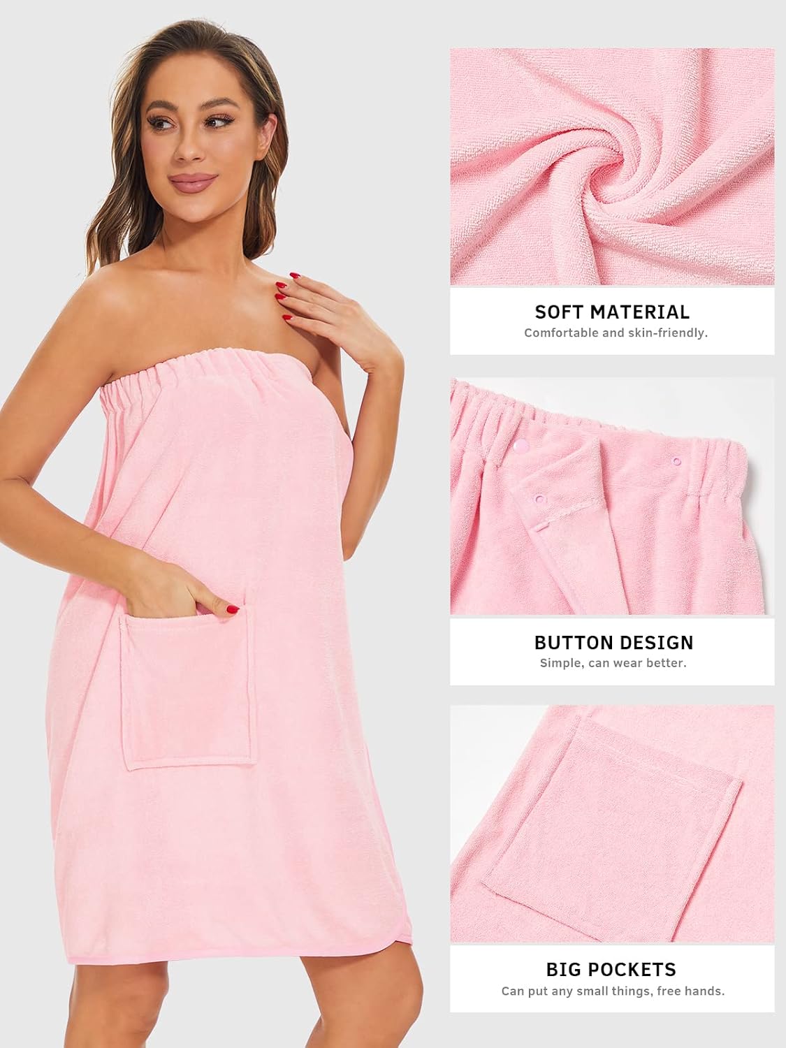 Accbitey Womens Wrap Towel Adjustable Snap Closure Shower Wrap Lightweight soft Spa Towel Bathrobe with Pocket