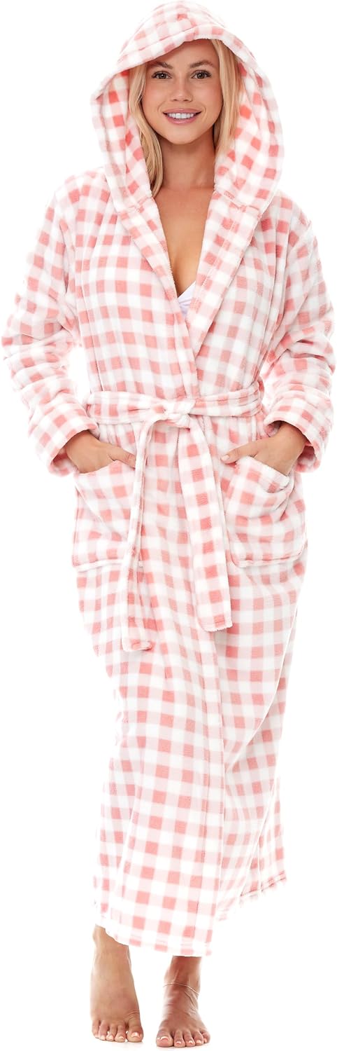 Women's Long Sleeve Plush Fleece Hooded Robe, Full Length Bathrobe