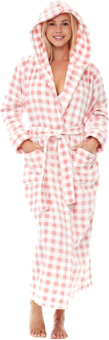Women's Long Sleeve Plush Fleece Hooded Robe, Full Length Bathrobe