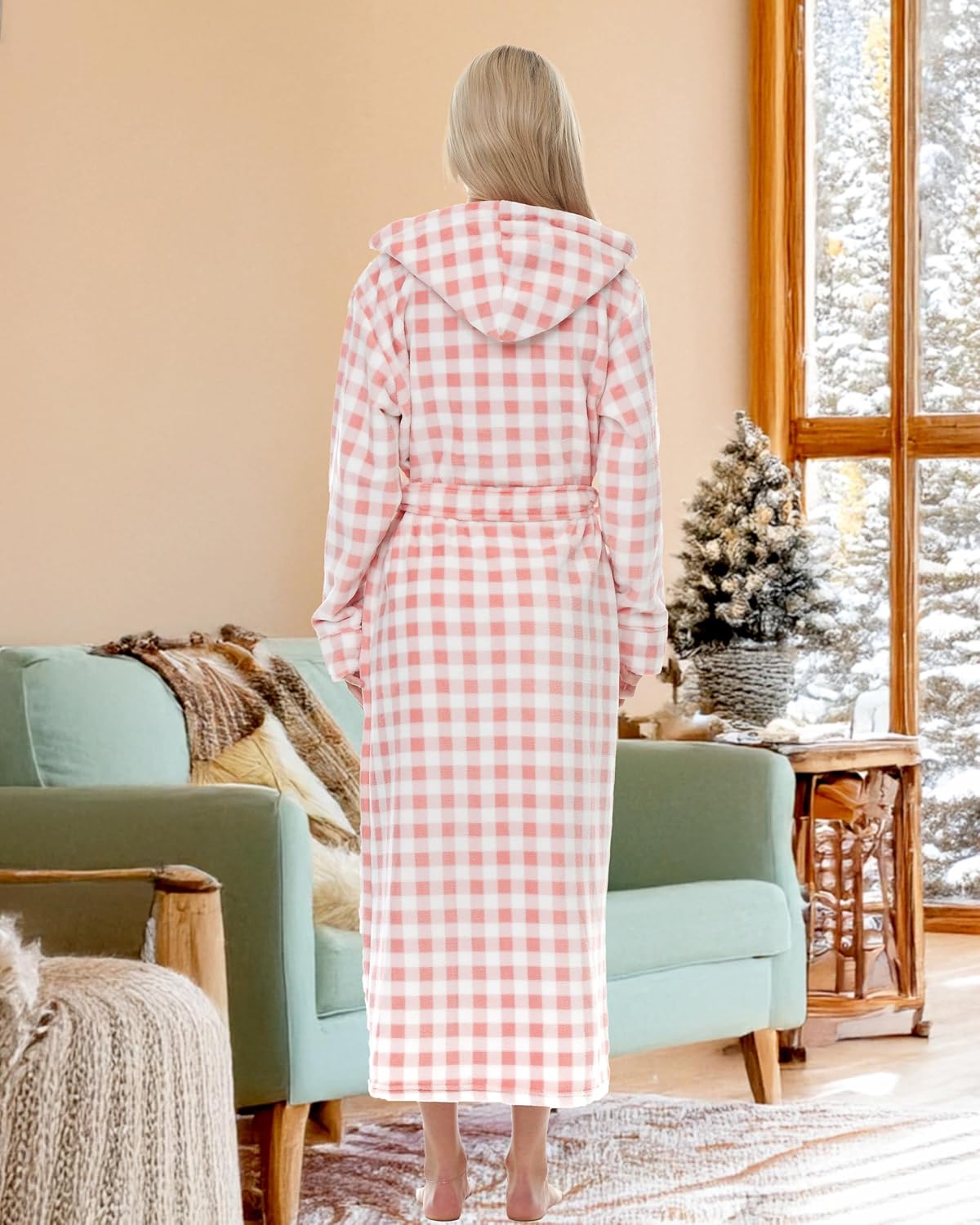 Women's Long Sleeve Plush Fleece Hooded Robe, Full Length Bathrobe