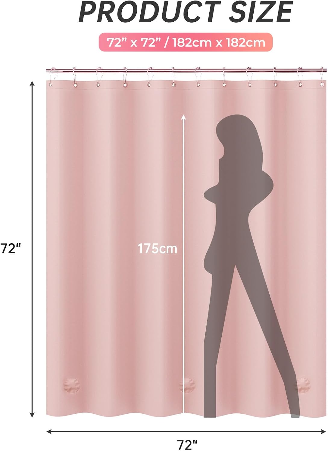 Light Pink Shower Curtain Plastic 72x72 Inches, Premium PEVA Shower Curtain Pink, 8G Heavy Duty Shower Curtains for Bathroom with 3 Big Weighted Stones and 12 Rustproof Grommets