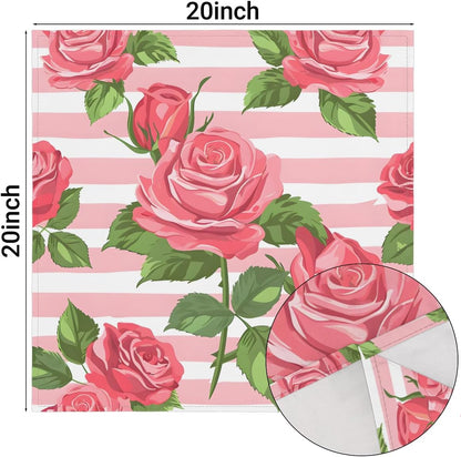 Pink Rose Stripe Pattern Cloth Napkins Set of 6, Soft Square Dinner Napkins Cloth Washable Reusable Table Cloth Napkin for Kitchen Dining Party Weddings Tabletop Decoration 20x20 Inch