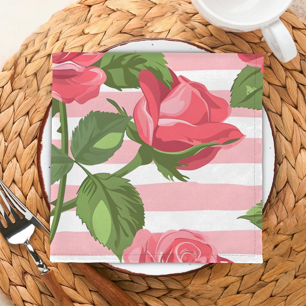 Pink Rose Stripe Pattern Cloth Napkins Set of 6, Soft Square Dinner Napkins Cloth Washable Reusable Table Cloth Napkin for Kitchen Dining Party Weddings Tabletop Decoration 20x20 Inch