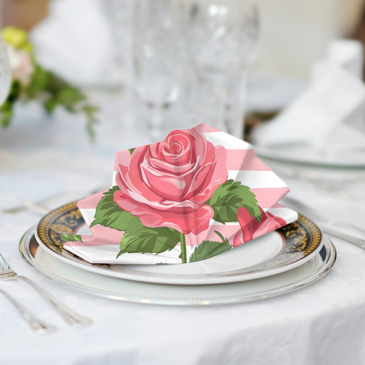 Pink Rose Stripe Pattern Cloth Napkins Set of 6, Soft Square Dinner Napkins Cloth Washable Reusable Table Cloth Napkin for Kitchen Dining Party Weddings Tabletop Decoration 20x20 Inch