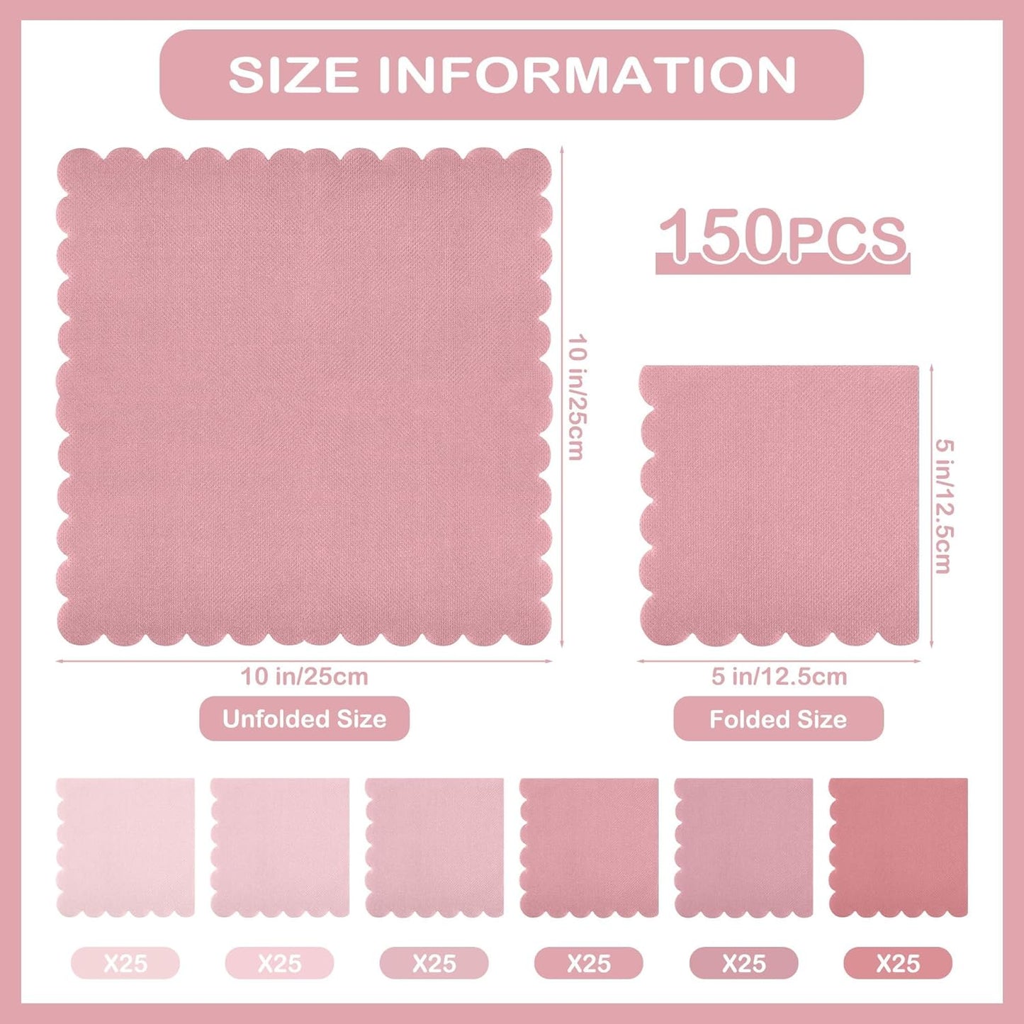 durony 150 Pack Scalloped Napkins 5 x 5 Inch Disposable Paper Napkins Gradient Color Napkins with Scalloped Edges for Dinner Wedding Birthday Party Supplies, Dusty Pink