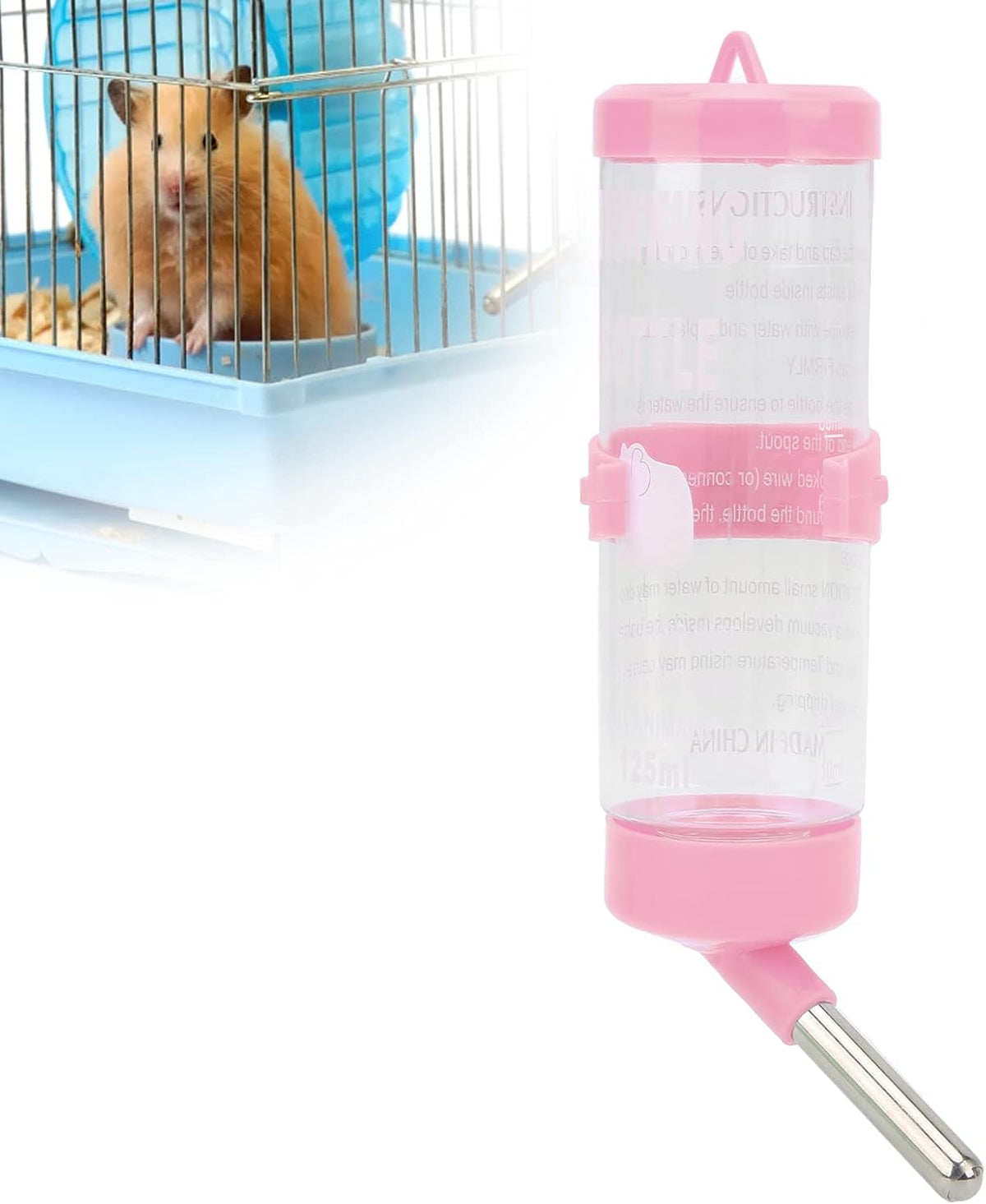 Small Animal Water Bottle 125ml No Drip Dispenser for Hamster Gerbil Rat Chinchilla Guinea Pig Rabbit, Stainless Steel Ball Leak Proof, 1pc with Fixed Strip for Cage