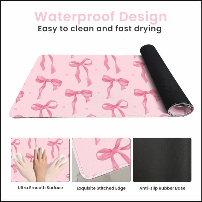 Pink Mouse Pad, Bows Desk Mat Computer Mat Desk Accessories 31.5 x 11.8