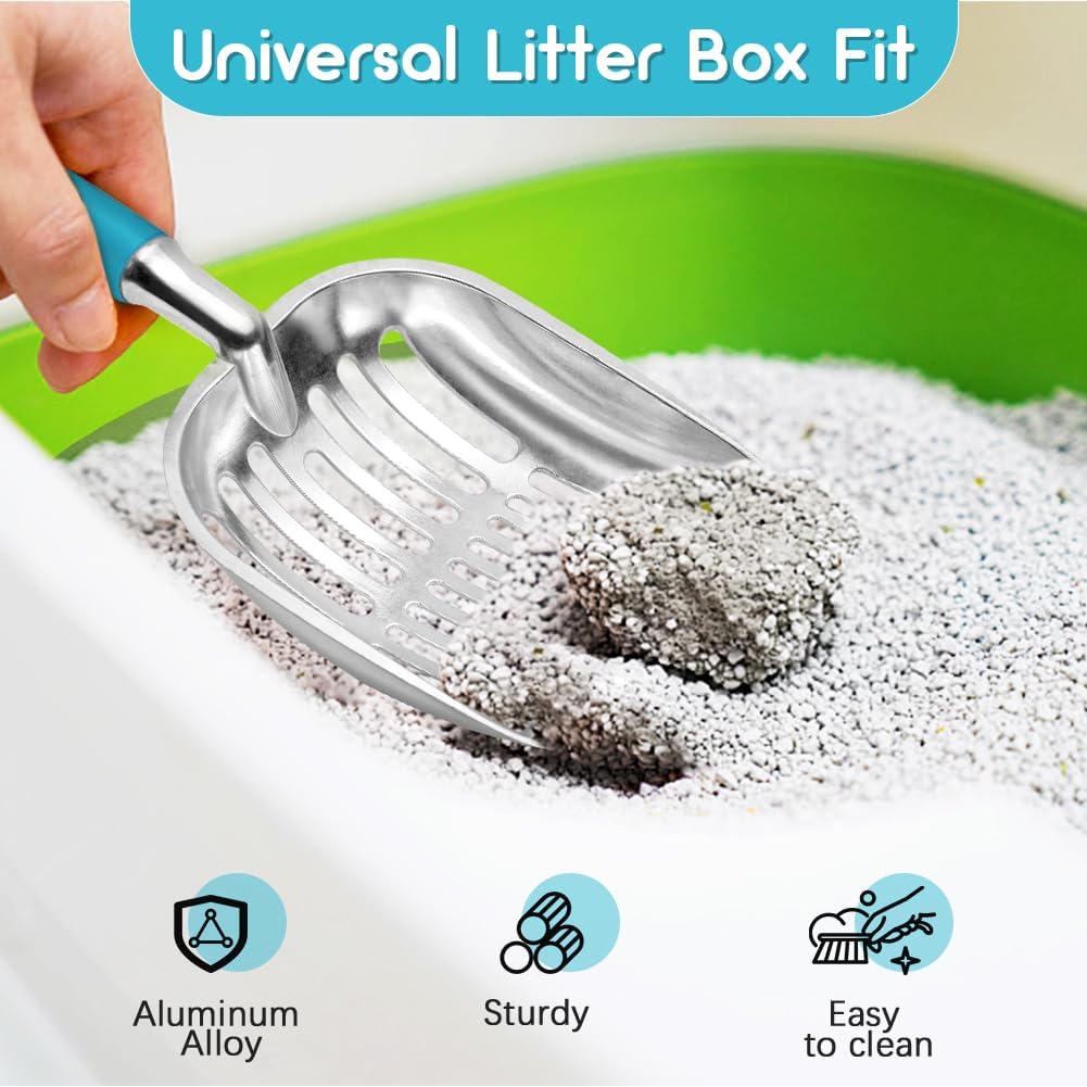 Cat Litter Scoop, Metal Cat Scooper, Plastic Handle Scoop, Sifting Shovel of Christmas– Heavy Duty Aluminum Alloy Litter Box Scoop with Deep Mesh, Design for Easy Waste Removal and Cleaning(Lake Blue)
