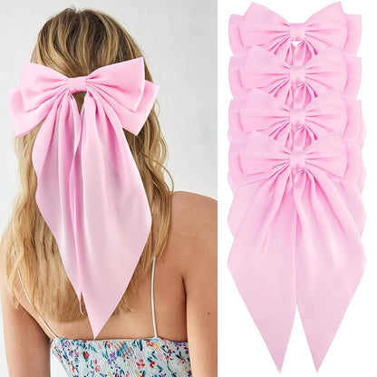 Hair Bows for Women Girls 4Pcs Pink Silky Hair Bow Satin Large Coquette Bow Long Tail Big Hair Bows Clip Oversized Hair Ribbons Bow Hair Barrettes Christmas Valentines Day Hair Accessories